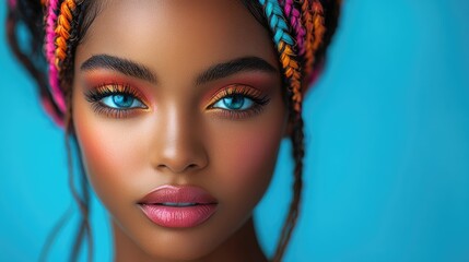 A close-up portrait of a young woman with vibrant makeup and colorful braided hair against a blue background.