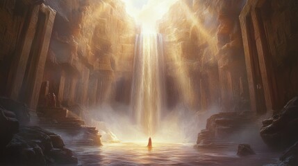 Obraz premium Person meditates in a mystical canyon with a waterfall and sunlight.
