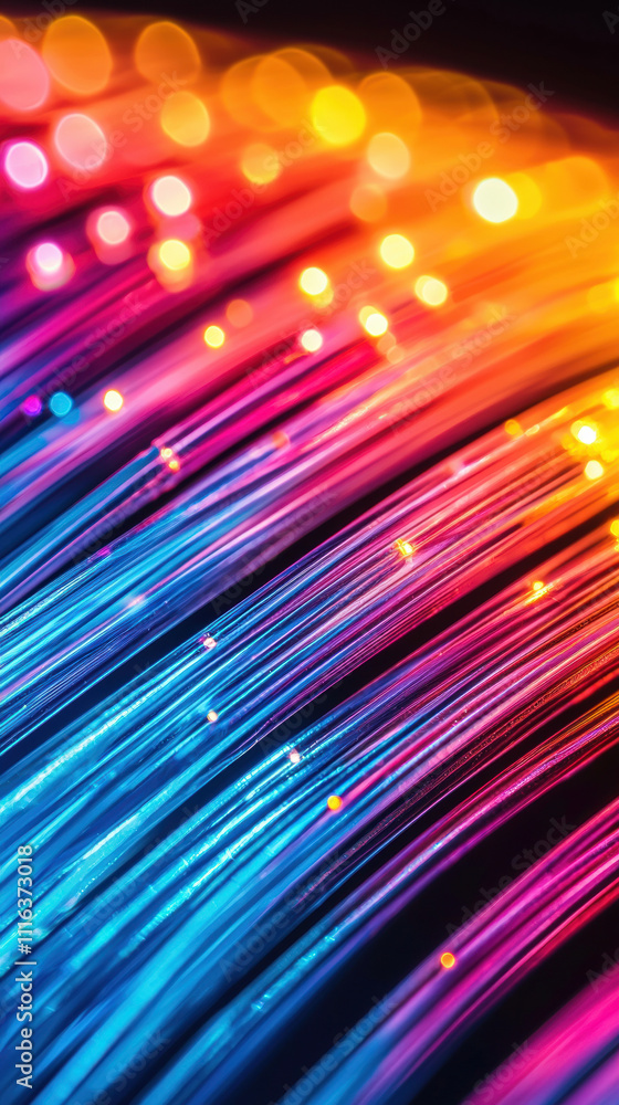 Poster a vibrant close-up of colorful fiber optic strands glowing in various hues, creating a striking visu