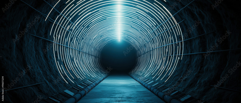 Poster a dimly lit tunnel with a circular glowing pattern along the walls, leading towards a darkened end i