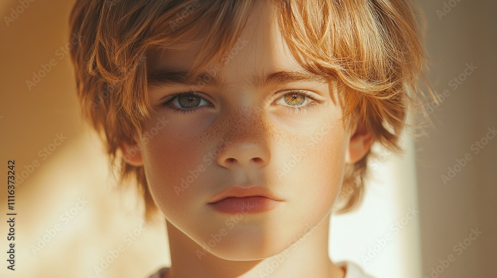 Poster a young boy stands in gentle light, his striking features highlighted by shadows. his intense gaze r