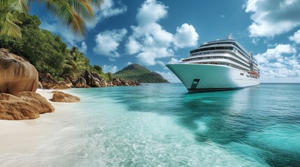 White cruise ship anchoring in turquoise water near beautiful tropical beach with palm trees and granite rocks on sunny summer day, offering luxurious vacation experience