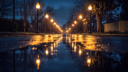 A serene night scene with street lamps reflecting in a puddle on a wet road.