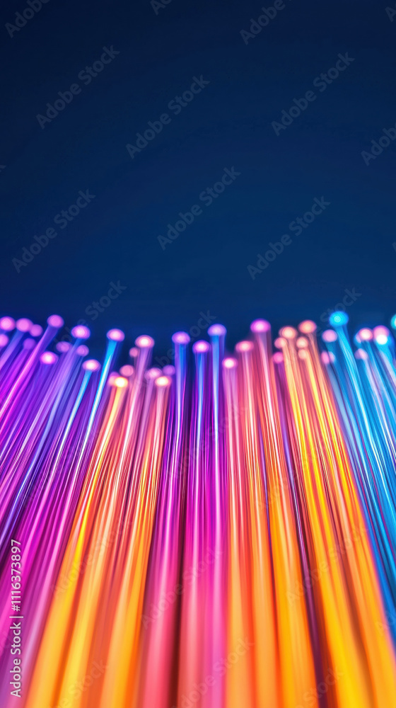Poster a vibrant array of luminous fiber optic strands in various colors, creating a stunning visual effect