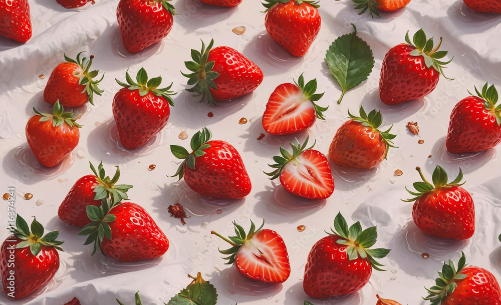 Aufkleber Close up of a bunch of strawberries with one of them cut in half. The strawberries are arranged in a pattern on a white background