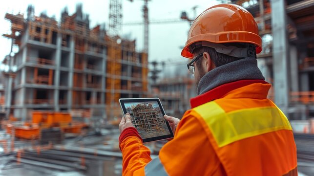 Construction workers utilize tablets for BIM access on a modern construction site