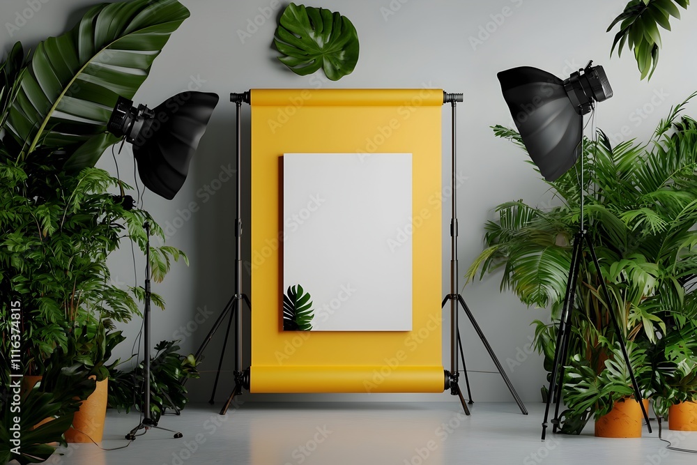 Poster bright and airy photography workspace with a minimal roll up presentation board and backlit display 