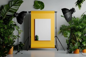Bright and airy photography workspace with a minimal roll up presentation board and backlit display panel  The clean modern studio design showcases a professional