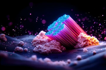 Mesmerizing kaleidoscopic coils of bioluminescent fiber optic cables set against an inky void like background creating a futuristic and dreamlike digital surreal landscape with chiaroscuro lighting