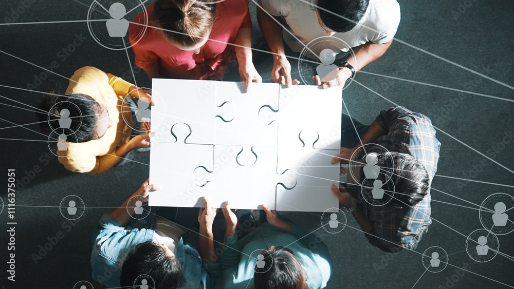 Aufkleber top down view of business people gathering jigsaw together at meeting. aerial view of diverse team c