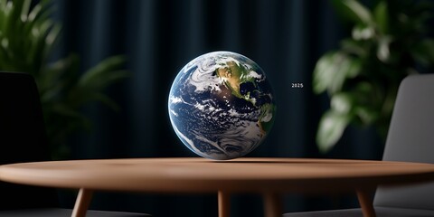 2025 business global concept. A 3D globe depicting Earth rotates on a wooden table, surrounded by greenery, against a backdrop of soft, dark curtains.