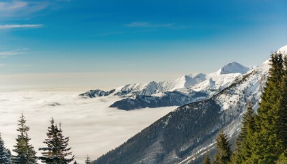 Obraz premium 산꼭대기 풍경 눈으로 덮인 산봉우리와 그 아래로 펼쳐진 운해