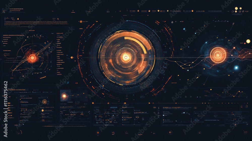 Poster futuristic hud interface showing cosmic data streams, planetary orbits, and system information.