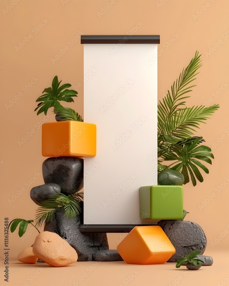 Poster empty roll up banner in a minimal studio setting with soft directional lighting digital 3d art and a