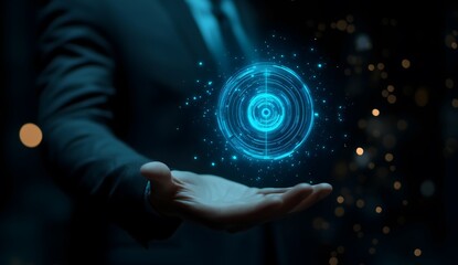 Businessman holding a virtual target, emphasizing goal achievement in a modern professional context.