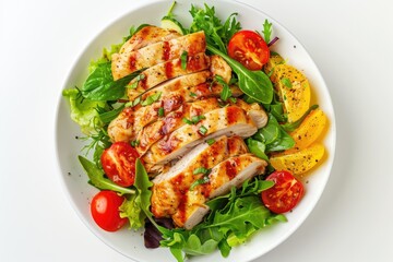 Healthy keto chicken fillet salad on white background.