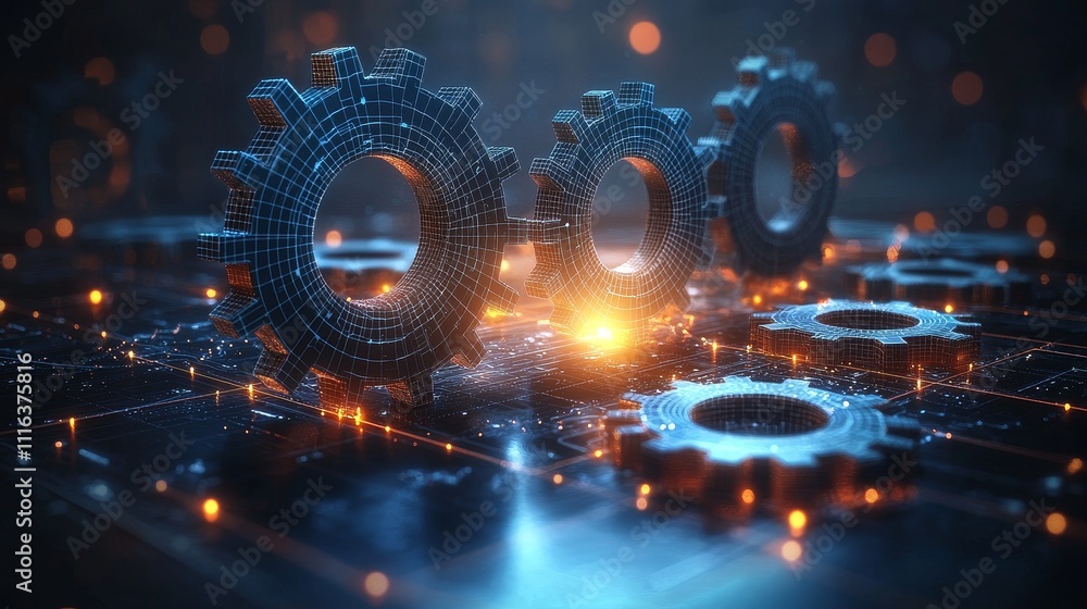 Poster abstract futuristic gears in a digital space with glowing lights and connections representing innova