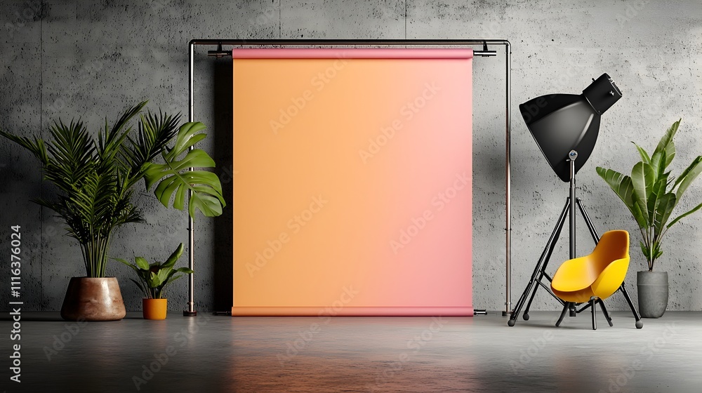 Aufkleber empty sleek metallic framed roll up stand set against a dramatically lit minimalist photography back