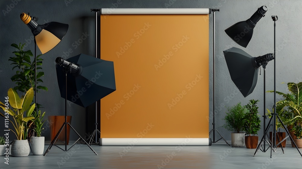 Aufkleber sleek metallic roll up stand in a dramatically lit minimalist photography backdrop featuring abstrac
