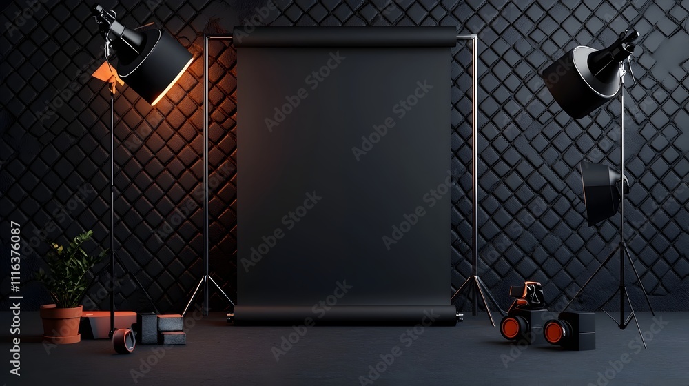 Poster dramatically lit empty roll up stand in a minimalist sleek studio environment featuring abstract geo