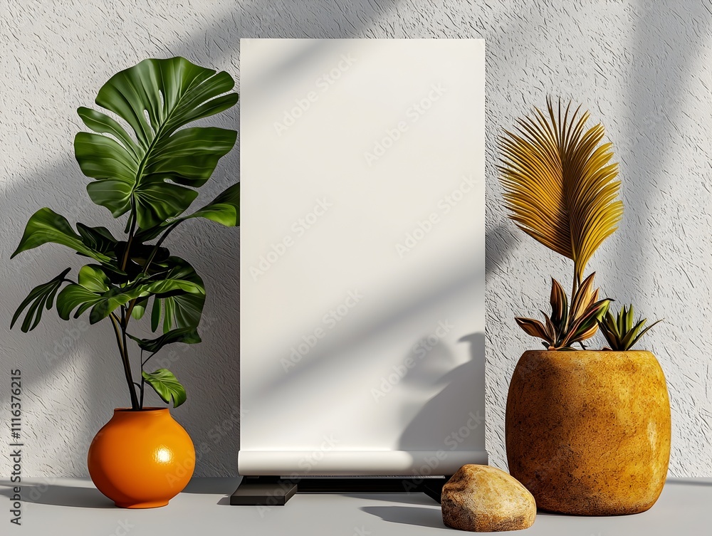 Poster 3d rendering of an elegant and sophisticated corporate rollup banner displayed in a bright well lit 