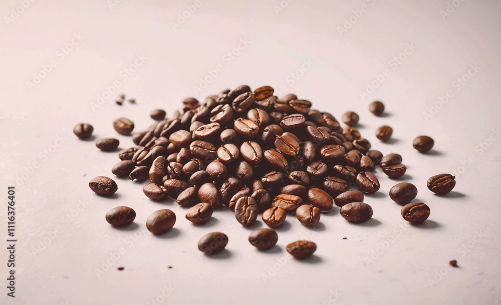 Aufkleber Pile of coffee beans on a white surface. There are many beans in the pile. Some are small and some are large