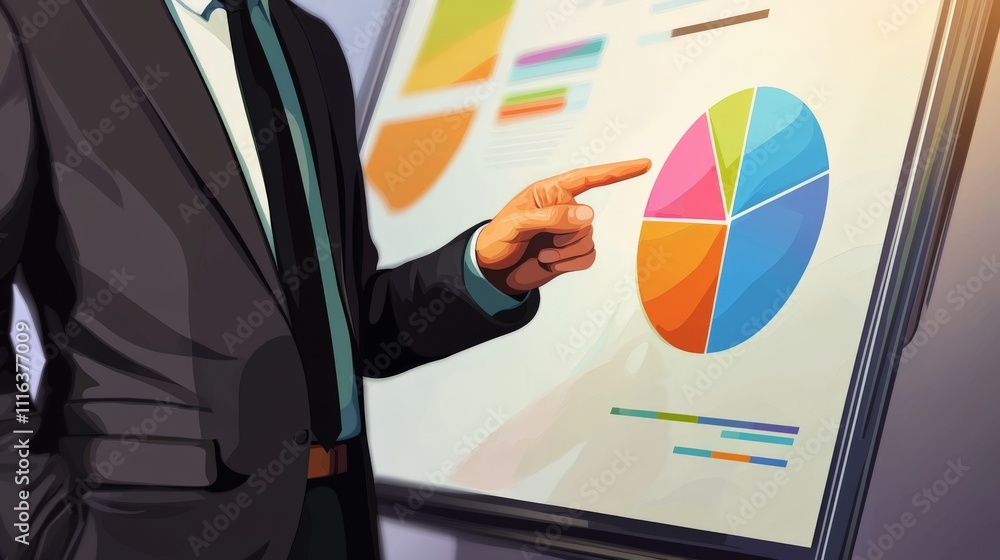 Poster a businessman points at colorful pie charts on a digital screen, illustrating data analysis and pres