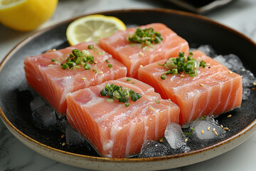Fresh salmon sashimi blocks on ice with lemon and chives.