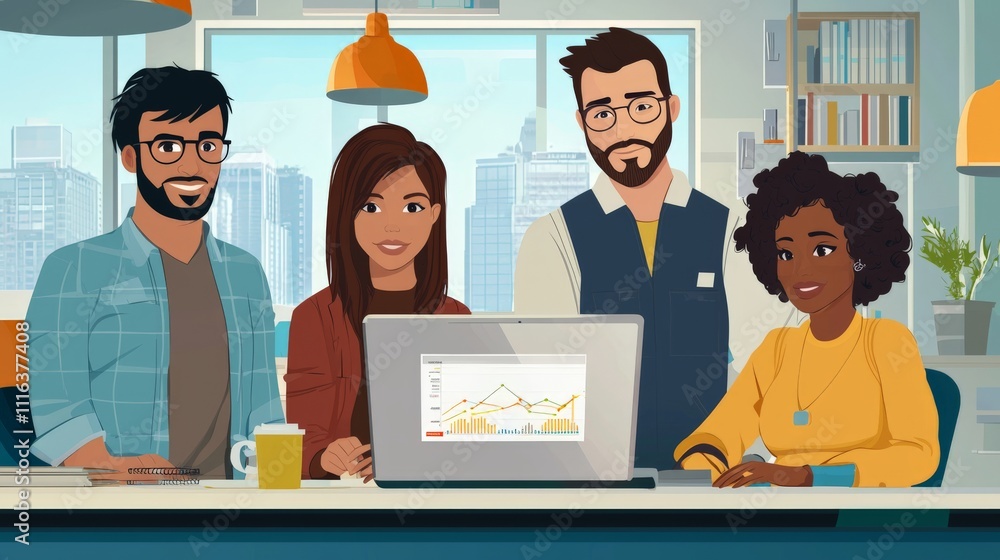 Poster a diverse group of four professionals collaborating in an office setting, focused on a laptop displa