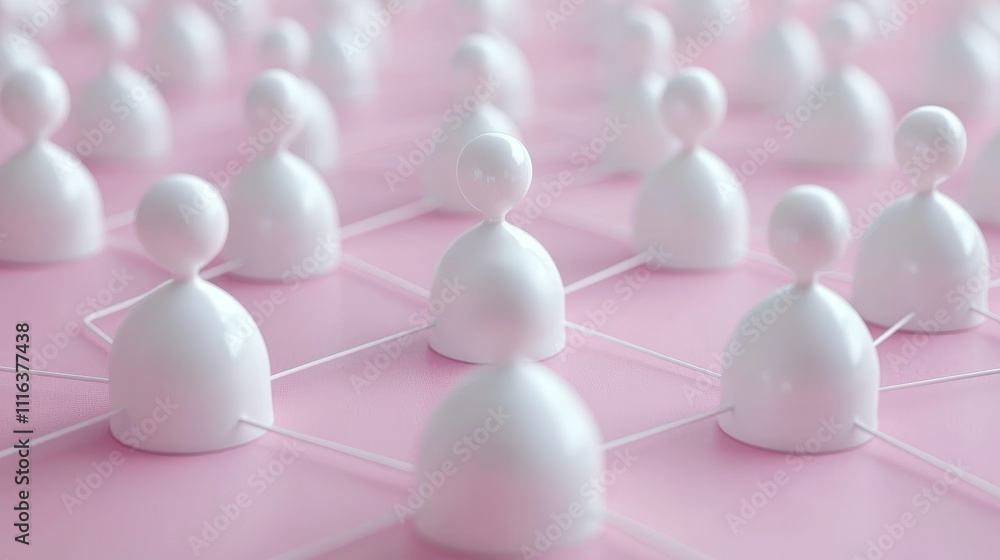 Poster conceptual image of social connections with white pawn pieces on a pink background representing netw