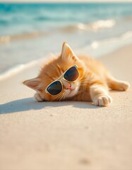 Obraz premium Adorable Golden Kitten Relaxing on a Sunny Beach