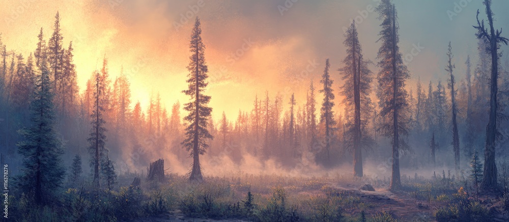 Poster mysterious fog covered forest landscape at dawn with soft light filtering through trees and mist cre