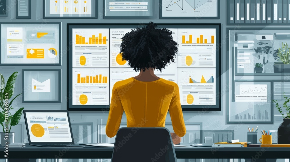 Poster a person in a yellow shirt analyzes data displayed on multiple screens, surrounded by charts and gra