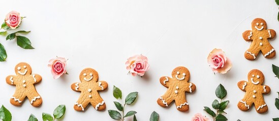 Fototapeta premium Gingerbread cookies and pink roses arranged on a white background with copy space for a festive or seasonal greeting card design