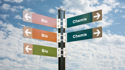 Fototapeta premium Signposts the direct way to Bio versus Chemistry