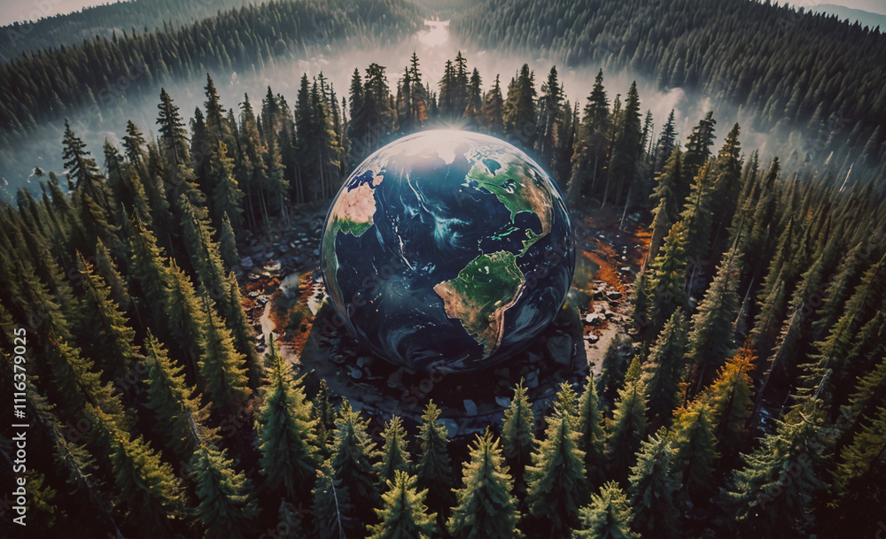Poster large globe is in the middle of a forest. the globe is surrounded by trees and is the center of atte