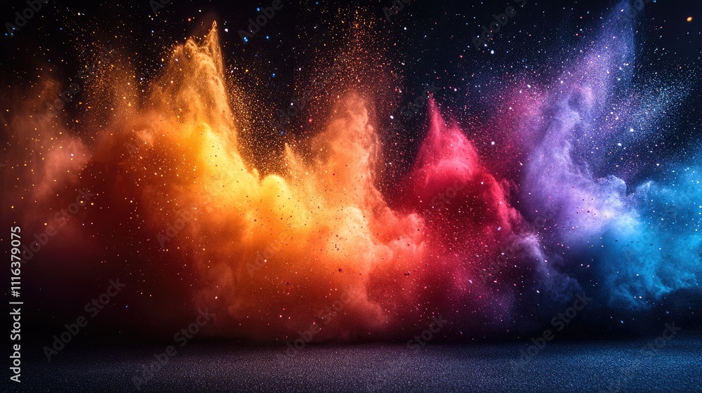 Poster vibrant explosion of colored dust creating dynamic cloud formations on a dark background showcasing 