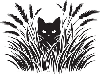Cat peeking through tall grass black vector silhouette