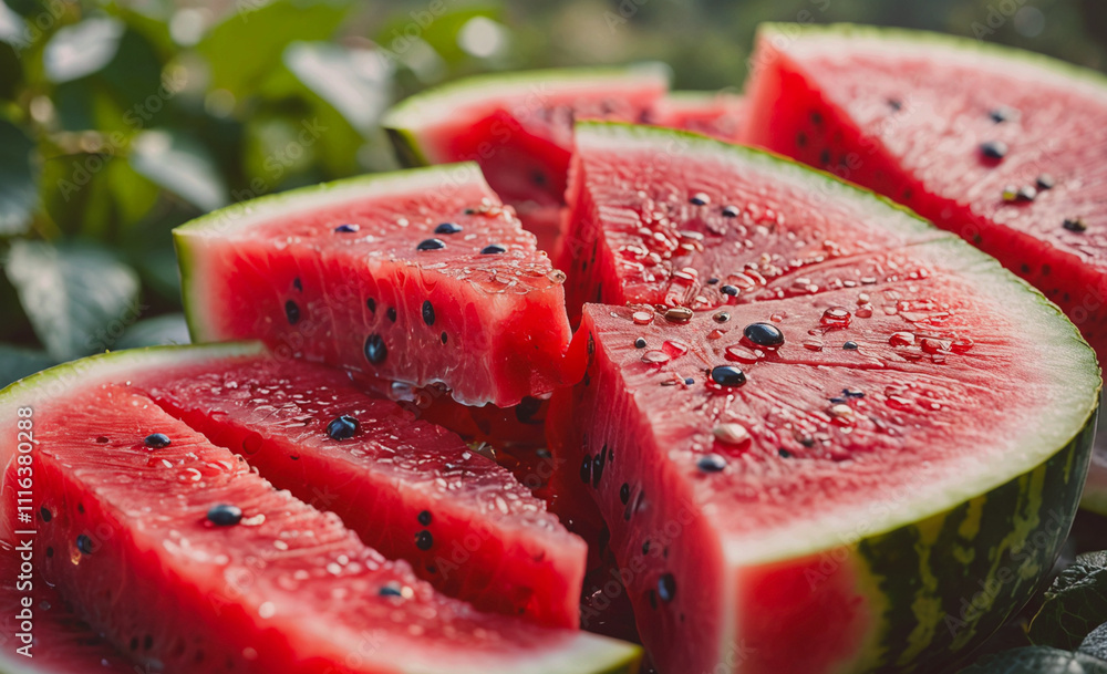 Poster watermelon is cut into slices and has black seeds. the slices are on a table. the watermelon is red 
