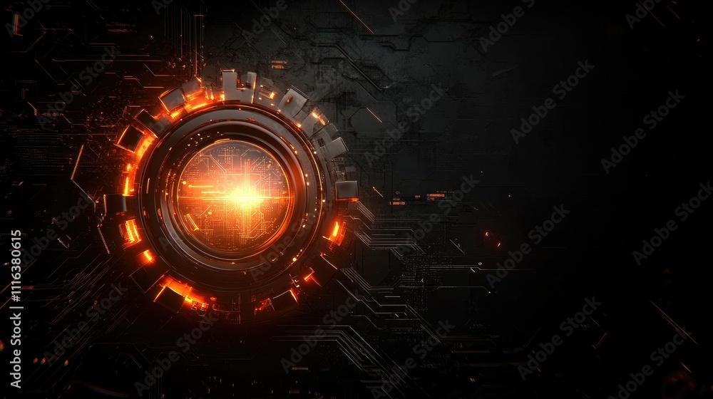 Poster industrial technology concept with glowing gear icon representing erp and industry 4.0 advancements 
