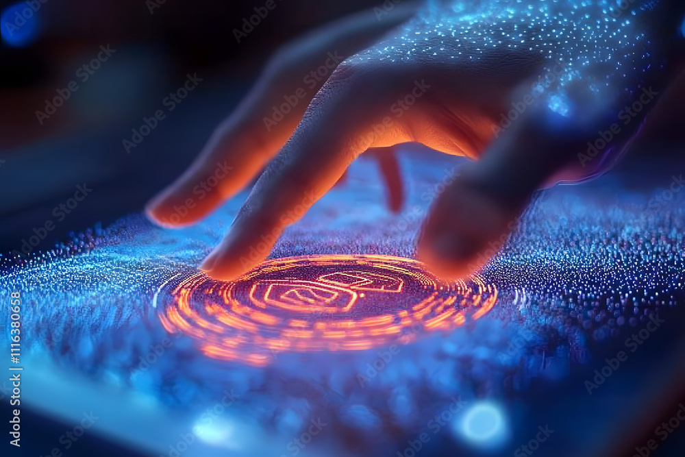Poster futuristic touch interaction with digital interface. biometric prints. generative ai image