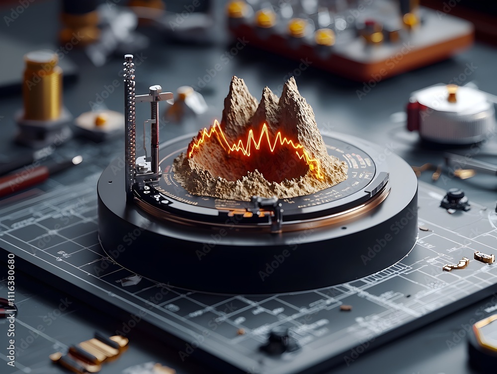 Poster detailed seismograph instrument monitoring the pulsating rhythms and complex tectonic movements deep