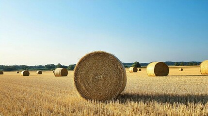 Fototapeta premium A serene landscape with hay bales in a golden field under a clear sky.