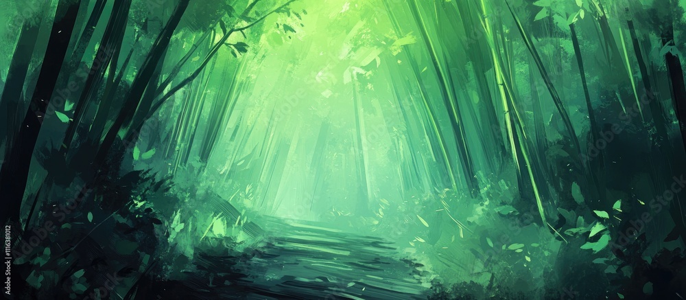 Poster serene pathway through a lush bamboo forest with soft light filtering through leaves creating a tran