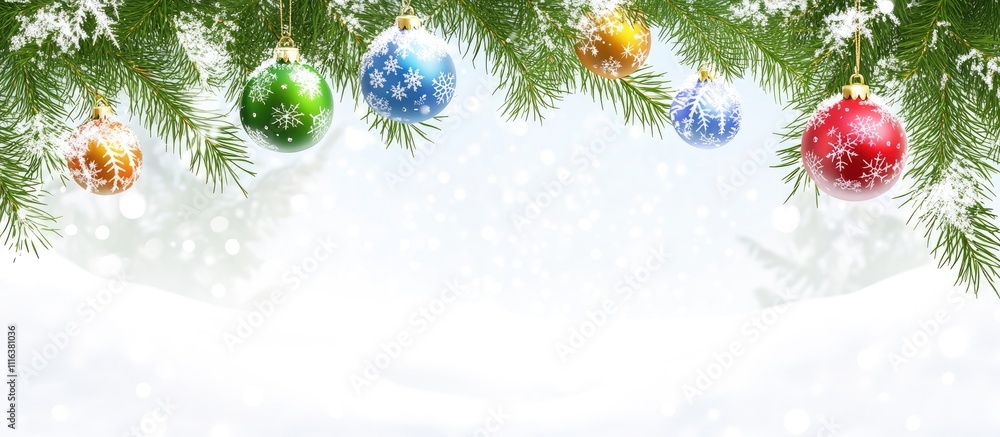 Poster cheerful festive fir tree branches with colorful ornaments and snowflakes creating a joyful winter h