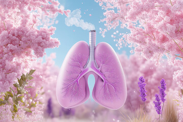 Fototapeta premium Lungs surrounded by pink flowers symbolize health and awareness