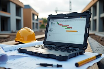 Digital Gantt chart for a construction project on a rugged laptop at a construction site