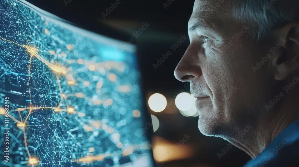 Aufkleber profile of a man analyzing digital data visualization on a computer screen at night, illuminated by 