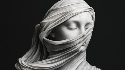 Fine art portrait of wrapped figure in white fabric. Dramatic black and white photography of sculptural form with ethereal draped textile