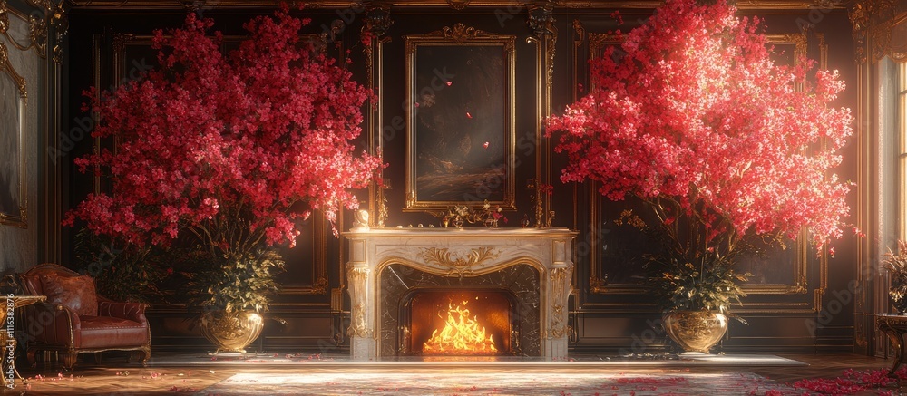 Poster elegant evening interior with vibrant trees and a cozy fireplace creating a warm and inviting atmosp